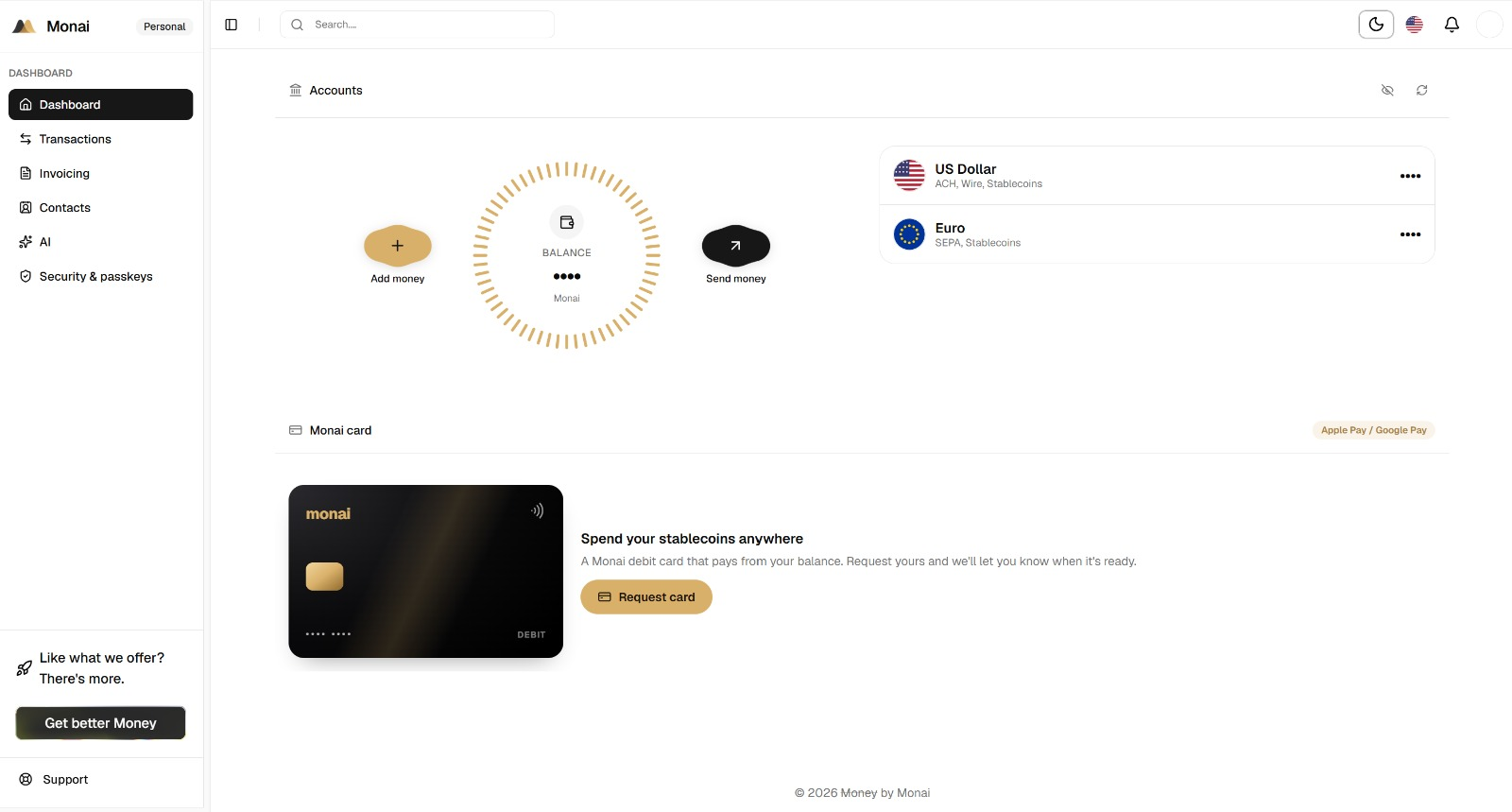 Monai dashboard with accounts and Monai card